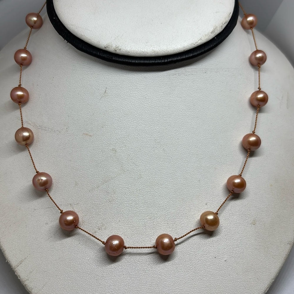 9mm  smooth nearly round freshwater pearl tin cup necklace. gold filled toggle